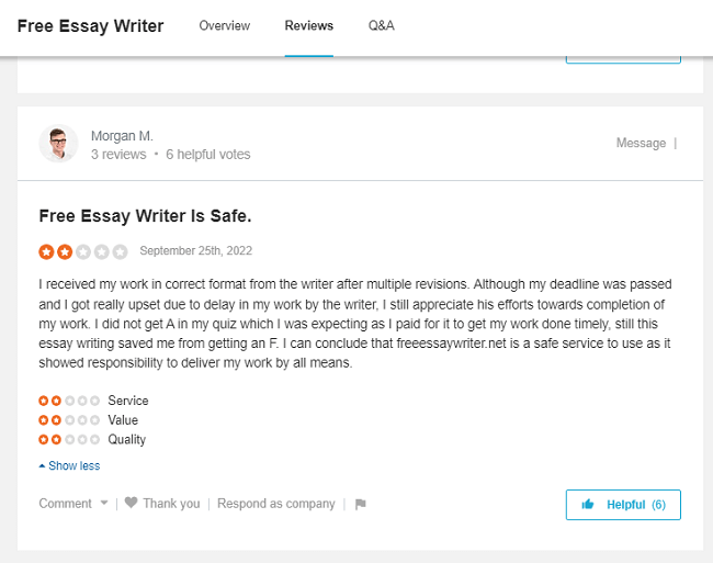 FreeEssayWriter review on SiteJabber
